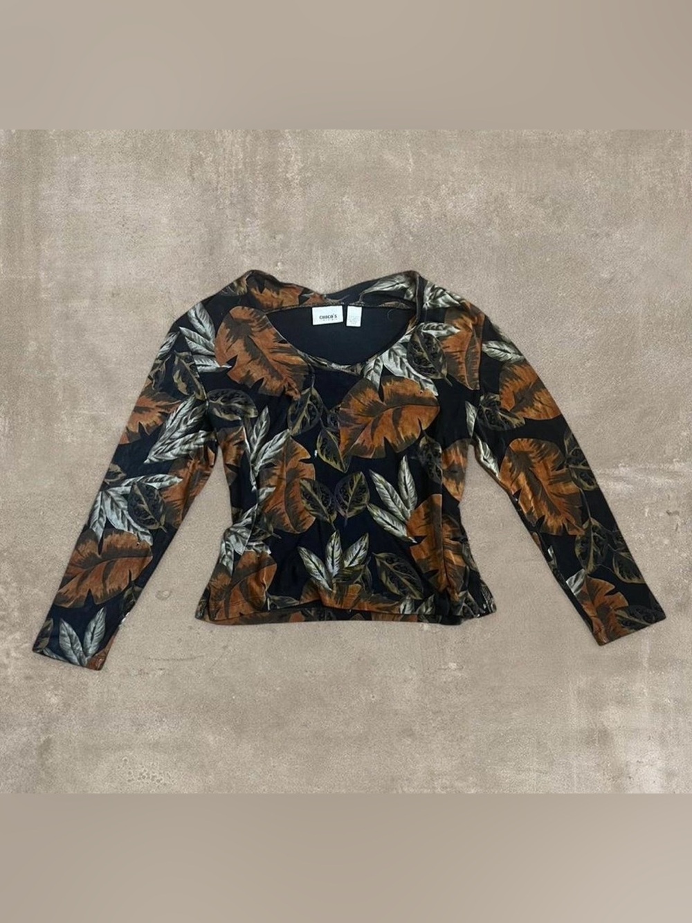 Chico's Black Long-Sleeve Leaf Print Top